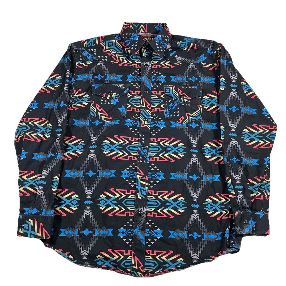 Rock & Roll Cowboy Shirt Mens M Saw Tooth Pearl Snap Aztec Western Cowboy Work
